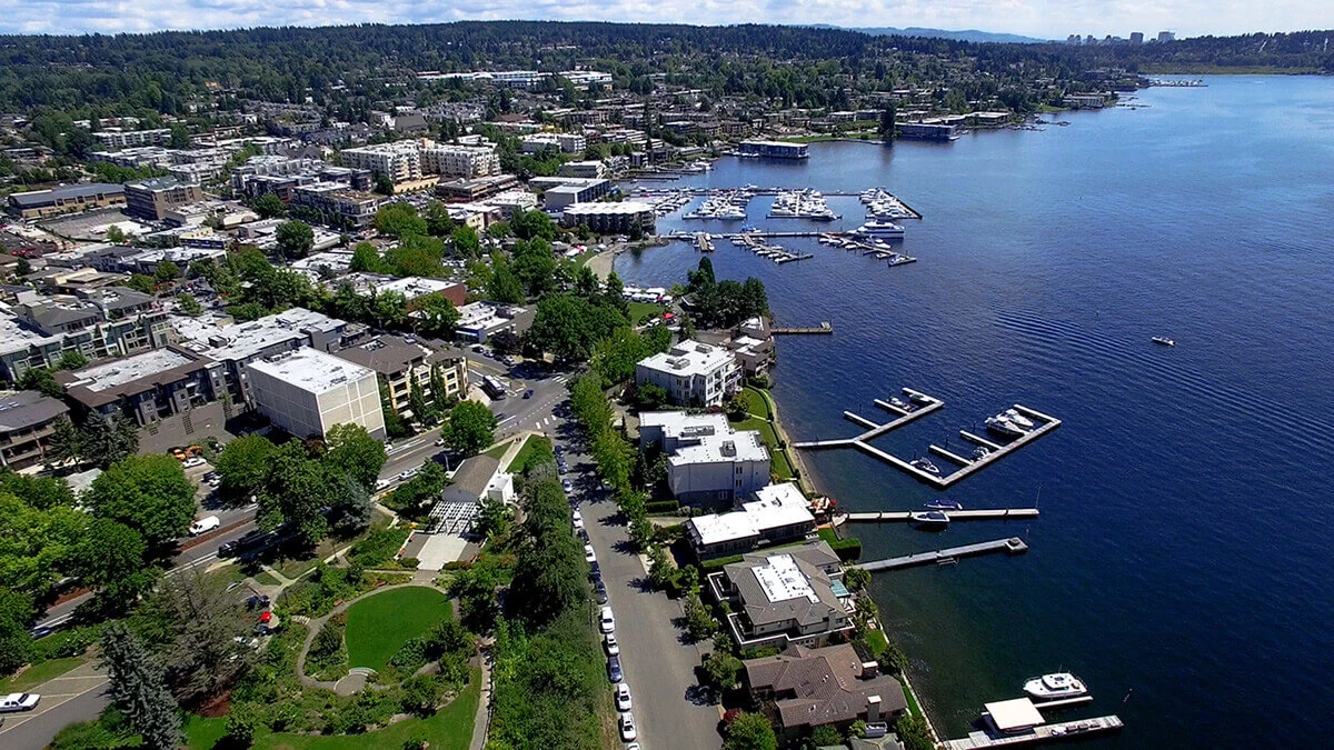 Kirkland, WA Waterfront Aerial Panoramic Photo Looking South Towards Lake Washington and the Bellevue Skyline