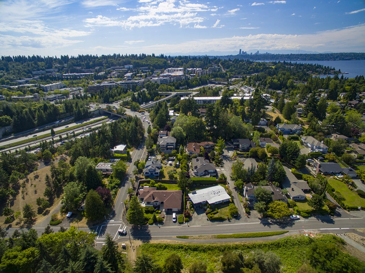 Mercer Island, Washington Aerial View of the City and Interstate 90 Highway, City of Seattle Skyline Background