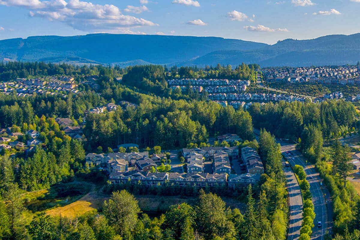 Aerial view of Snoqualmie, Washington in Snoqualmie, Washington, United States