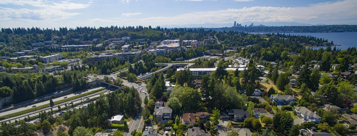Mercer Island, Washington Aerial View of the City and Interstate 90 Highway, City of Seattle Skyline Background