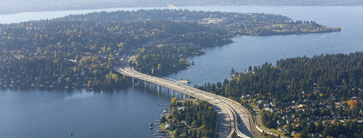 Aerial view of The Third Lake Washington Bridge or Homer M. Hadley Memorial Bridge crossing over Mercer Island in Washington State, USA