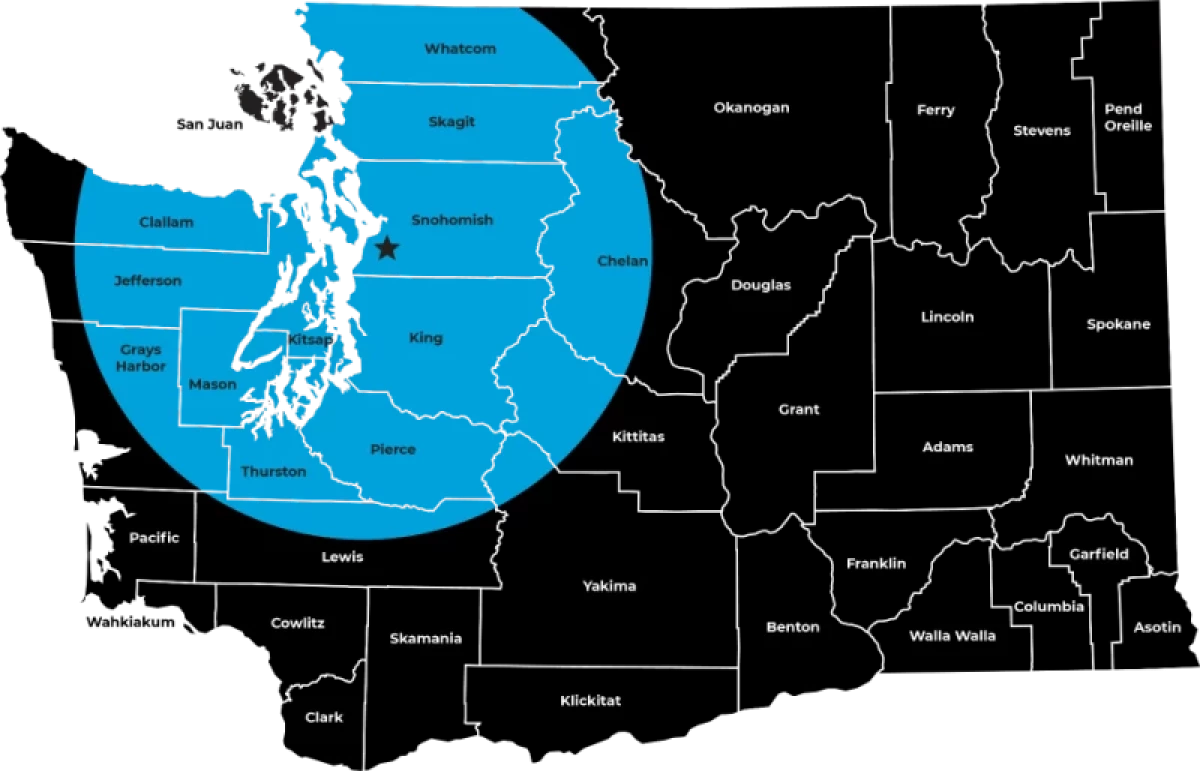 Service area for Elite Roofing, professional roofers service King, Pierce and Snohomish counties in WA State