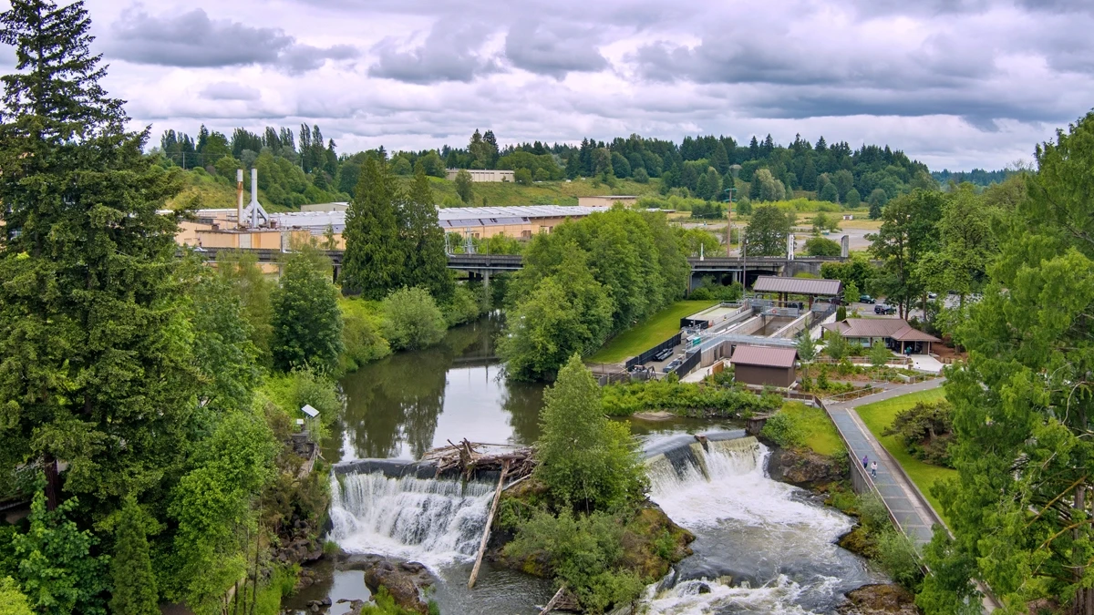 Aerial view of Tumwater Falls in June near Lacey, Washington, United States